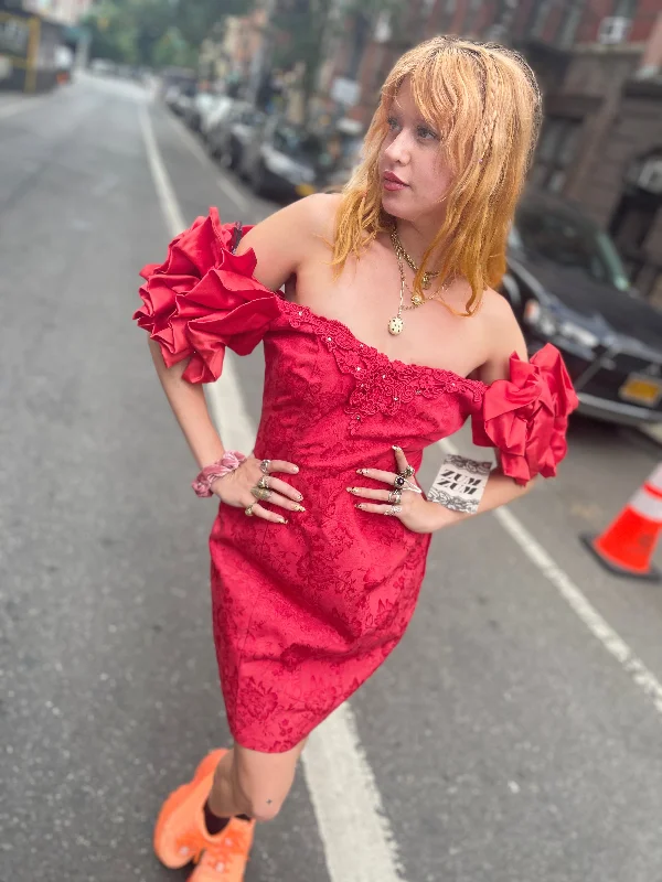 Vintage 80s Red Mini Dress Chenille with Puff Sleeves Stylish Sweetheart Neck Mini Dress