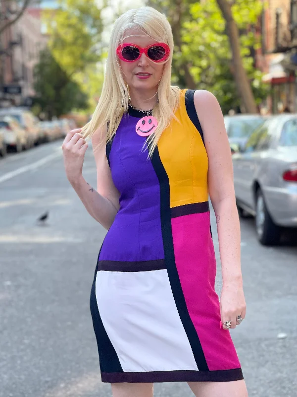 Vintage 90s Colorblock Mondrian Mini Dress Elegant Mini Dress with Pleats