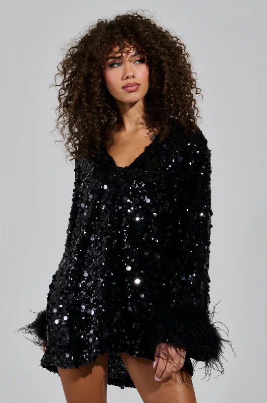 WOKE UP LIKE THIS SEQUIN MINI DRESS WITH FEATHERS Trendy Button-Detail Mini Dress