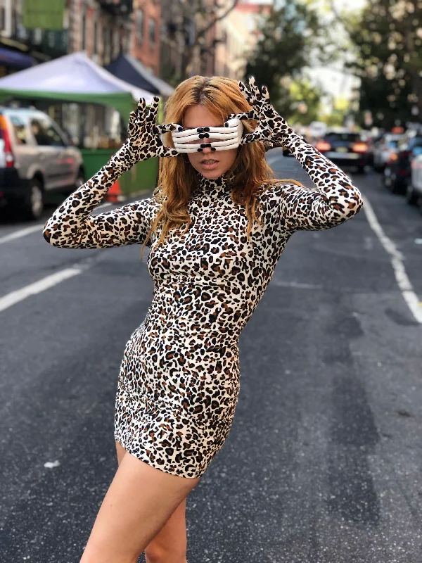 Y2K Leopard Gloves Mini Dress Comfortable Smocked Mini Dress