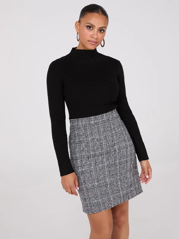 Mock Neck Plaid A-Line 2-Fer Mini Dress Chic Bohemian Mini Dress