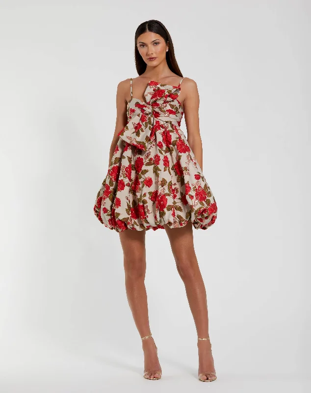 Brocade Thin Strap Puff Mini Dress With Bow Trendy Cut-Out Mini Dress
