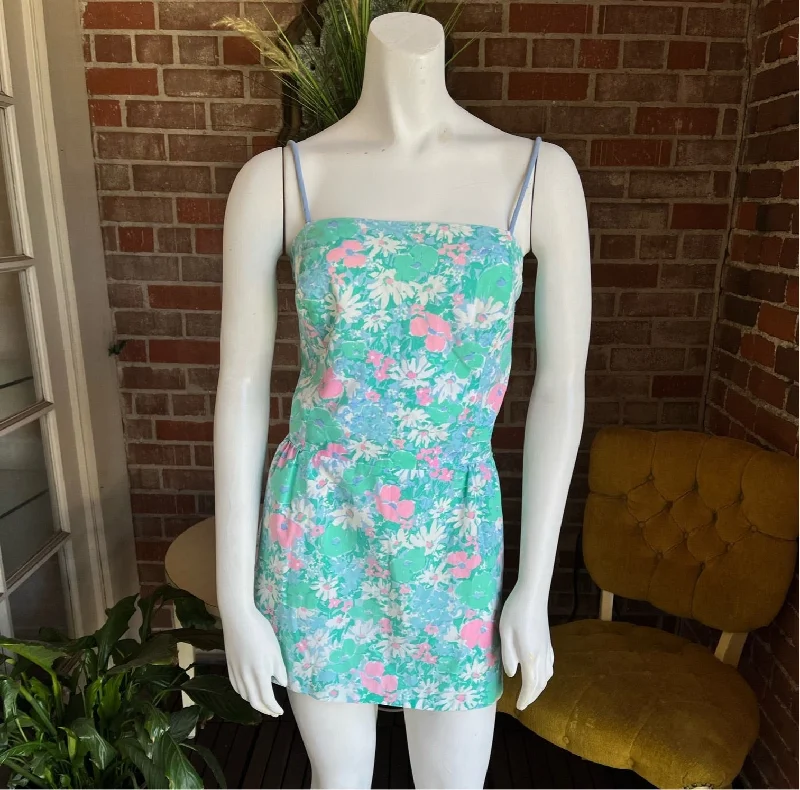 1980s Blue Floral Mini Dress Chic Pleated Mini Dress