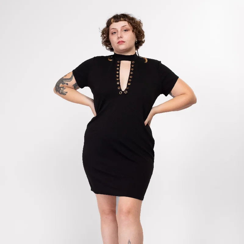 1X 90s Black Grommet Keyhole V Neck Mini Dress Elegant Vintage Mini Dress