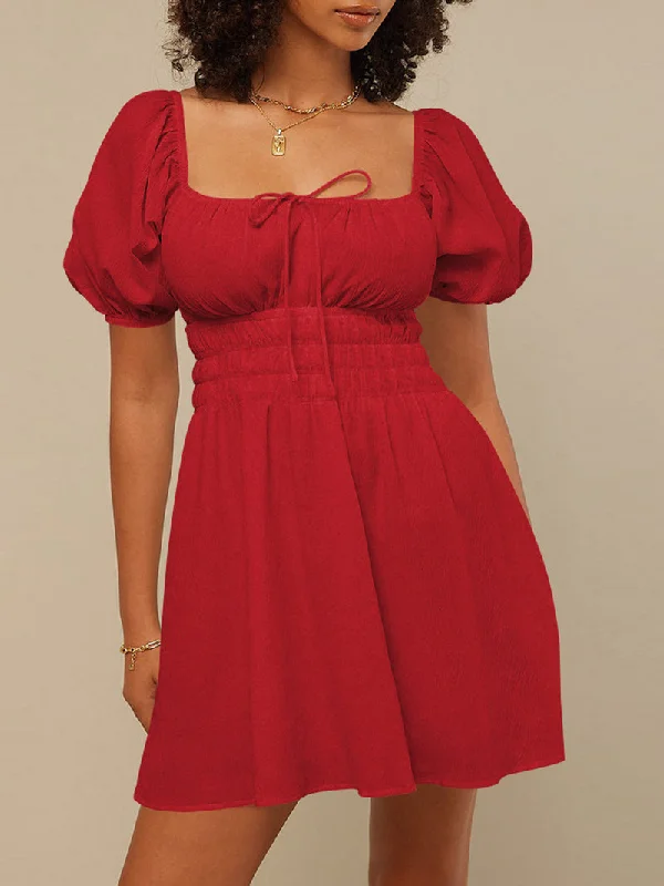 Aria Collar Puff Sleeve Lace Up Chest Elastic Mini Dress Fashionable Lace-Trim Mini Dress
