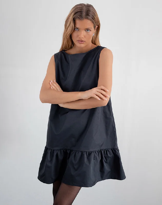Arkana Babydoll Mini Dress in Black Taffeta Cozy Ruched Mini Dress