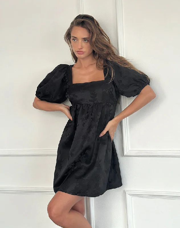 Bimbi Babydoll Mini Dress in Satin Jacquard Black Elegant Tulle Mini Dress