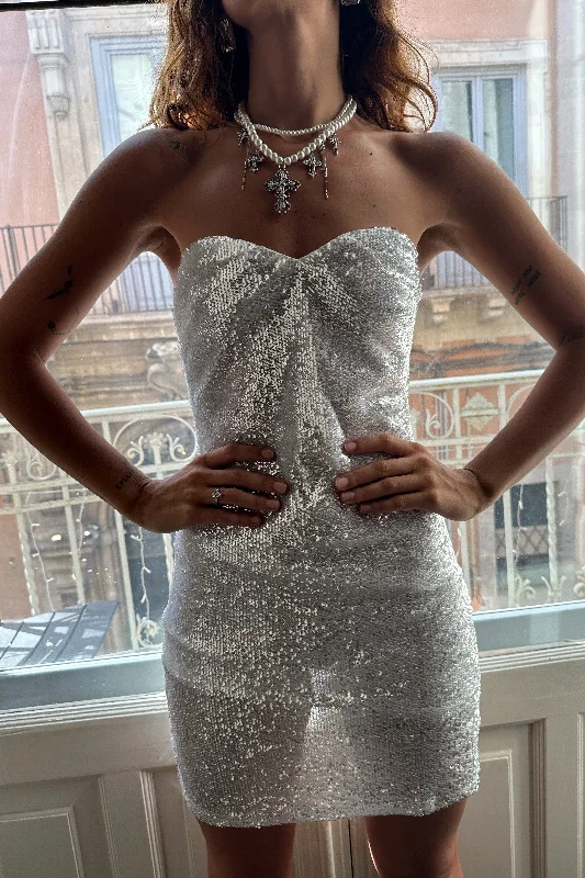 Celeste White and Silver Sequin Mini Dress Stylish Ruffle Mini Dress