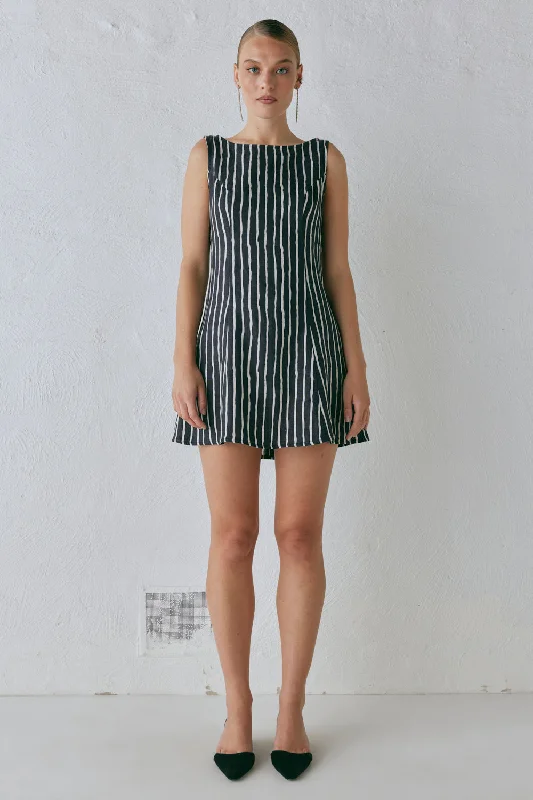 Chloe Linen Mini Dress Black Stripe Elegant Lace-Up Mini Dress