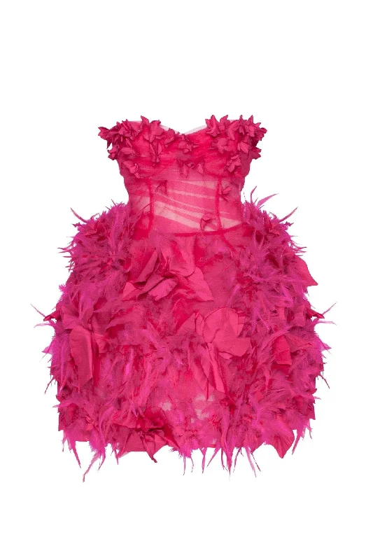 Epic fuchsia tulle mini dress with floral and feather application Cozy Ribbed Mini Dress