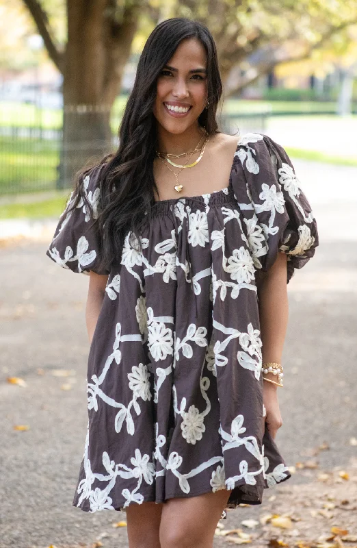 Feeling Special Floral Choco Embroidered Mini Dress Elegant Mini Dress with Ruffles