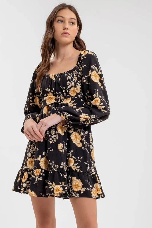FLORENCE FLORAL LONG SLEEVE BACK TIE MINI DRESS Chic Sleeveless Mini Dress