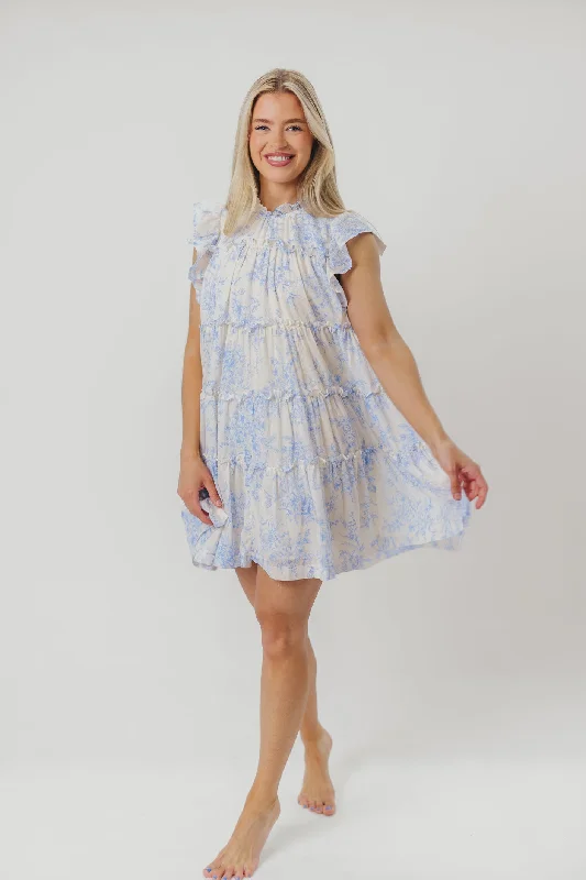 Adaline Babydoll Mini Dress with Flutter Sleeves in Off-White/Baby Blue Cozy Knit Mini Dress