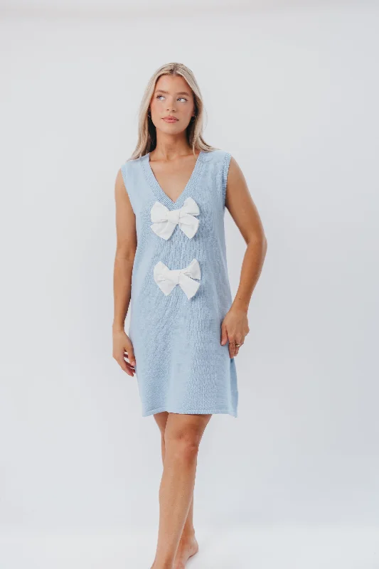 Wendy Sleeveless Sweater Mini Dress with Front Bow Detail in Sky/White Cozy A-Line Mini Dress