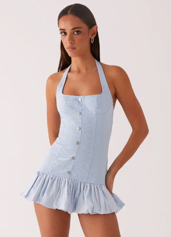 Georgina Denim Mini Dress - Light Blue Cozy A-Line Mini Dress