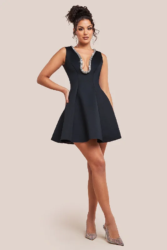 Goddiva Diamante Embellished Neck A-Line Mini Dress - Black Trendy Lace Mini Dress