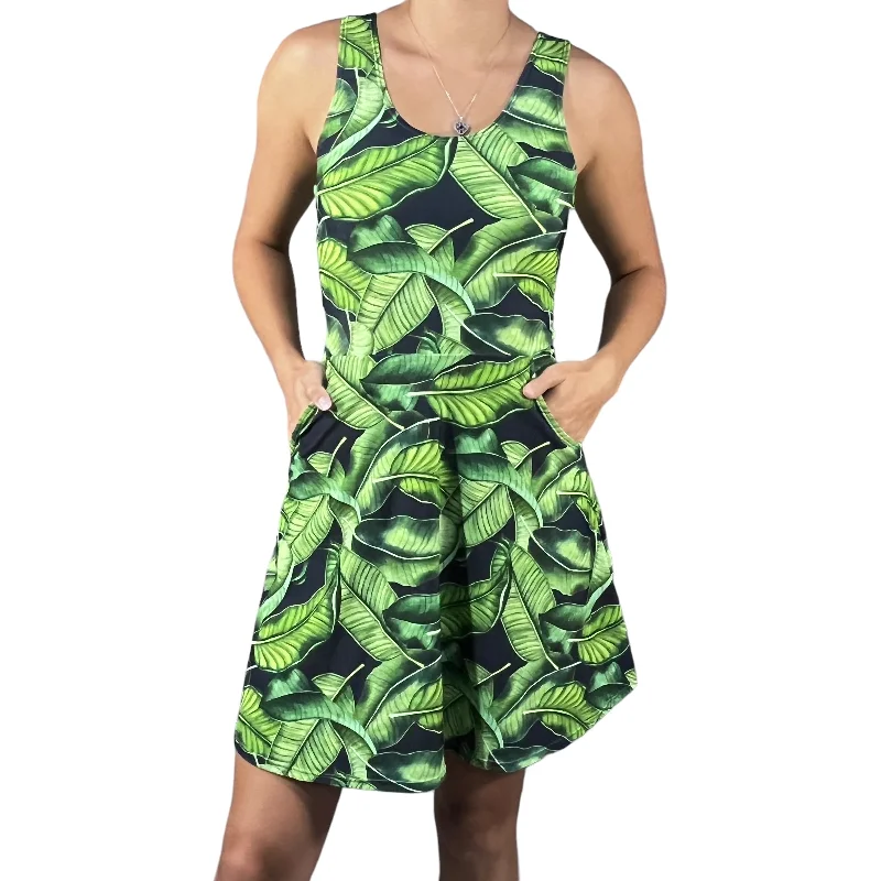 Hawaiian Leaves A-line Mini Dress w/Pockets Fashionable Denim Mini Dress