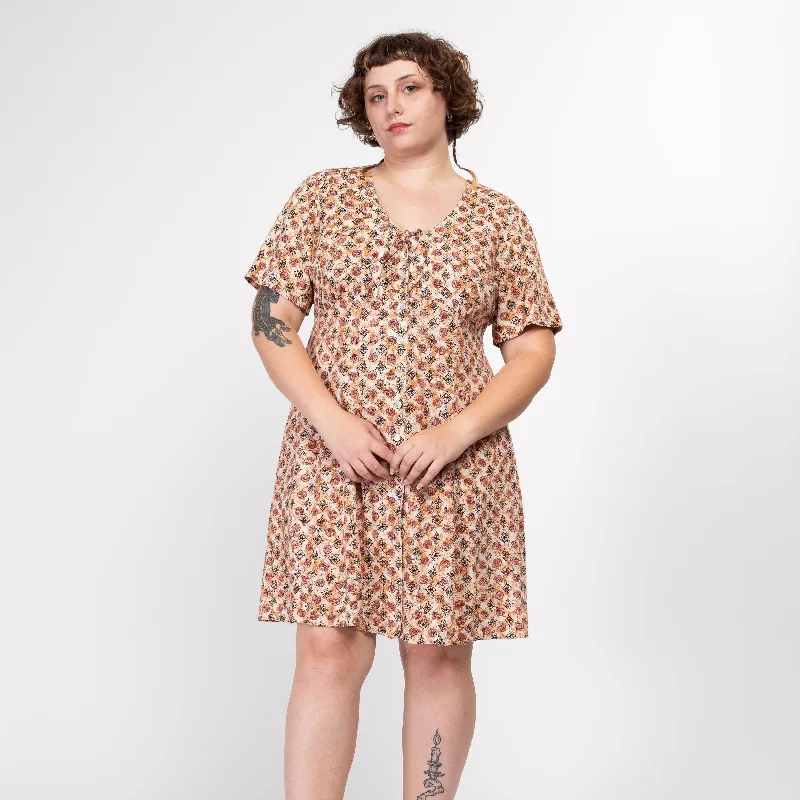 Large 90s Earth Tone Batik Print Boho Mini Dress Chic Puff Sleeve Mini Dress