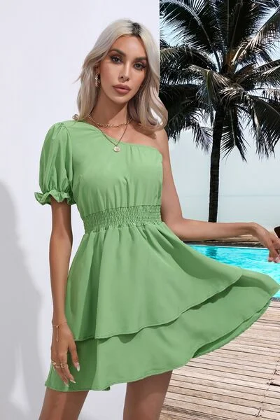 Layered Single Shoulder Flounce Sleeve Mini Dress Stylish Sweetheart Mini Dress