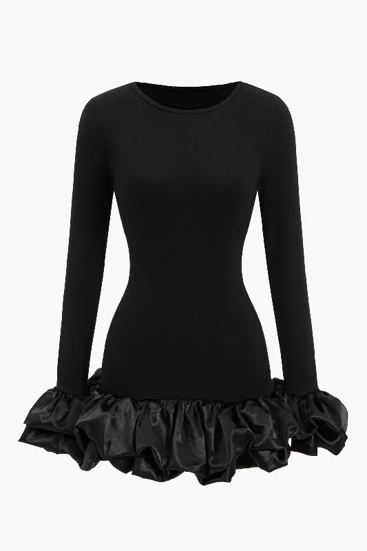 Ruffle Hem Lantern Sleeve Mini Dress Comfortable Smocked Mini Dress