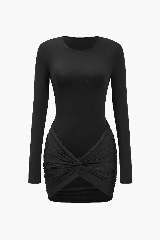 Twist Knot Satin Patchwork Mini Dress Fashionable Button-Front Mini Dress