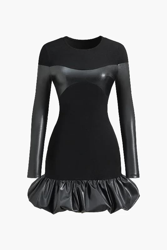 Faux Leather Round Neck Patchwork Mini Dress Trendy Floral Mini Dress