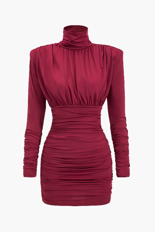 Ruched Long Sleeve Turtleneck Mini Dress Stylish Ribbed Mini Dress
