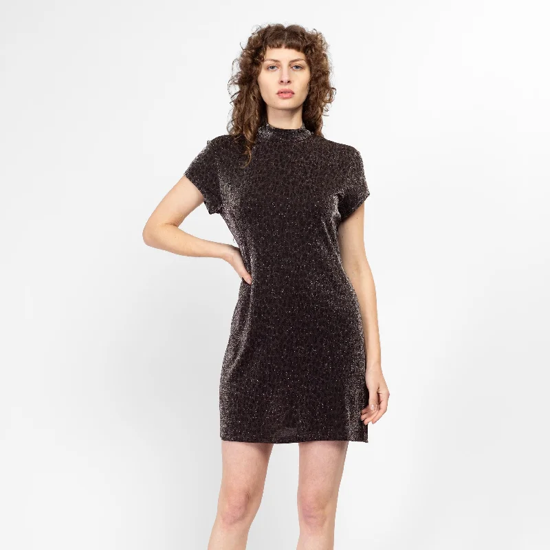 Medium 90s Leopard Print Metallic Mockneck Mini Dress Size 10 Elegant Vintage Mini Dress