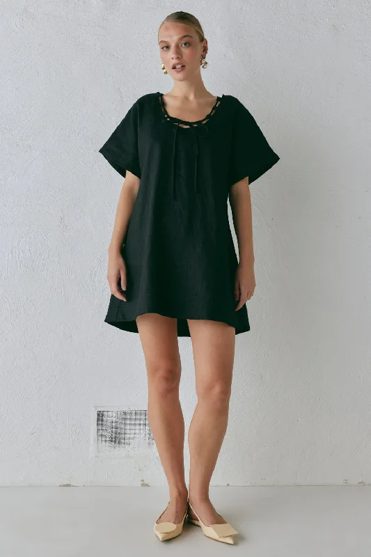 Nellie Linen Mini Dress Black Casual High-Waist Mini Dress