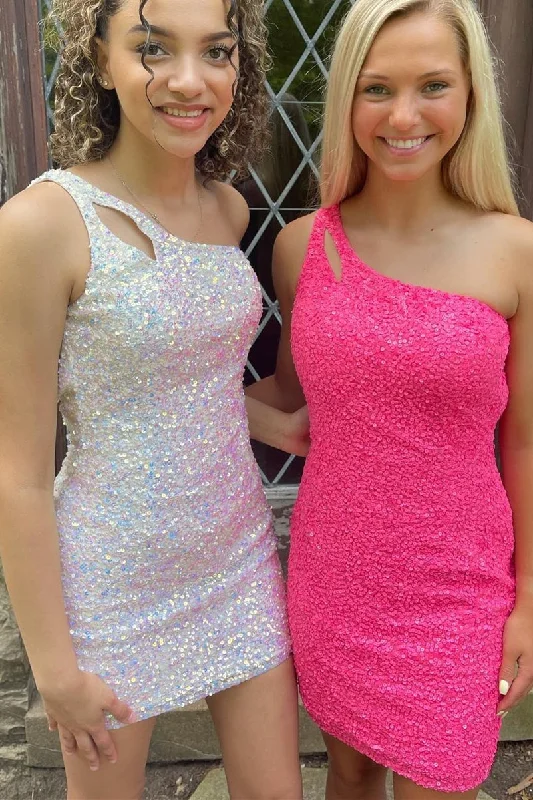One Shoulder Sequins Bodycon Mini Dress with Keyhole Cozy Knit Mini Dress