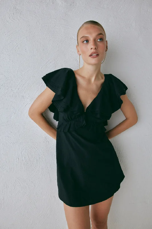 Party Nights Frill Mini Dress Black Fashionable Boho-Chic Mini Dress