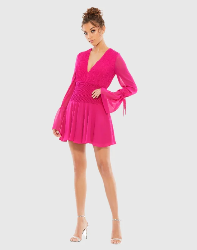 Pleated Bell Sleeve Chiffon Mini Dress - FINAL SALE Trendy Tie-Dye Mini Dress