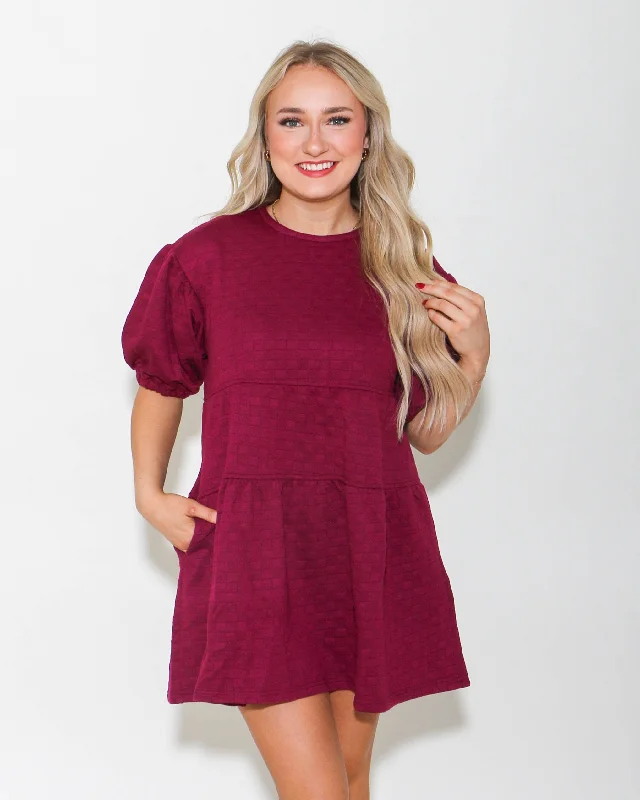 Quilted Mini Dress in Raspberry Comfortable Smocked Mini Dress