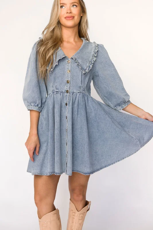 Lainey Mini Dress with Peter Pan Collar in Light Wash Denim - Nursing Friendly Trendy Button-Detail Mini Dress