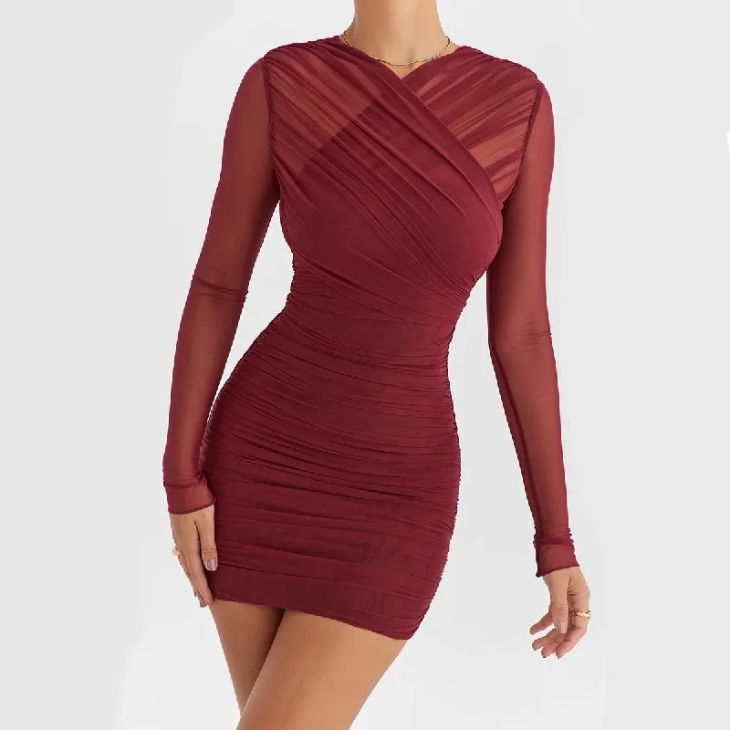 Sheer Long Sleeve Backless Bodycon Mini Dress Elegant Satin Mini Dress