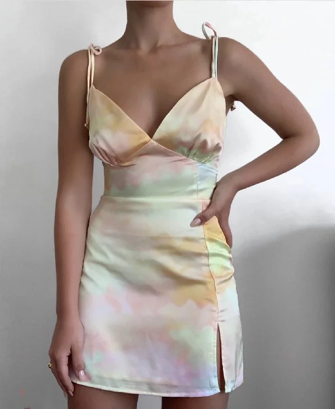Soft Girl Tie Dye Print Mini Dress Trendy Lace Mini Dress