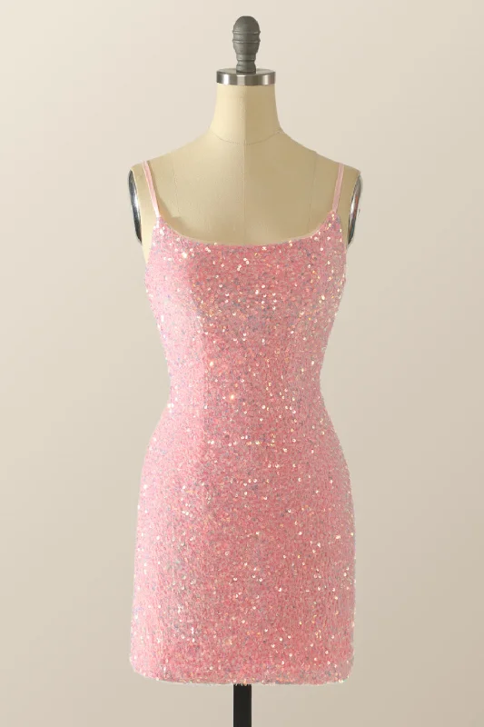 Spaghetti Straps Pink Sequin Bodycon Mini Dress Cozy T-Shirt Mini Dress