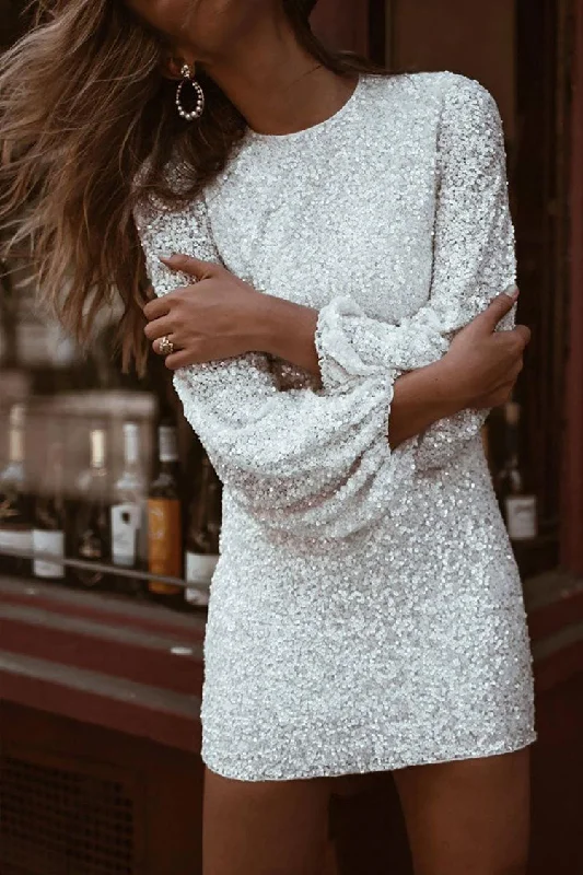 Sparkly Long Sleeve Round Neck Sequin Mini Dress - White Trendy Mesh Mini Dress