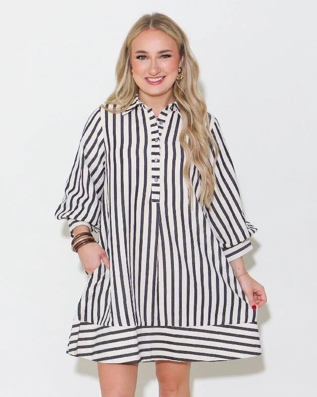 Striped Seersucker Mini Dress Black Comfortable One-Shoulder Mini Dress