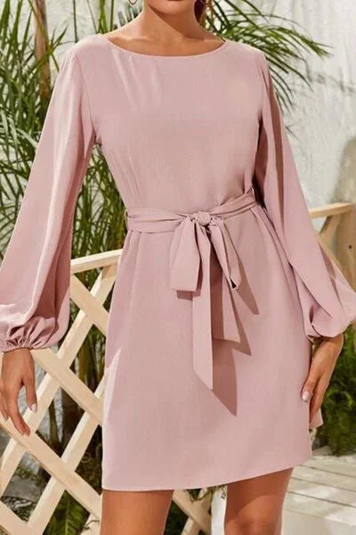 Tied Boat Neck Balloon Sleeve Mini Dress Stylish Short-Sleeve Mini Dress