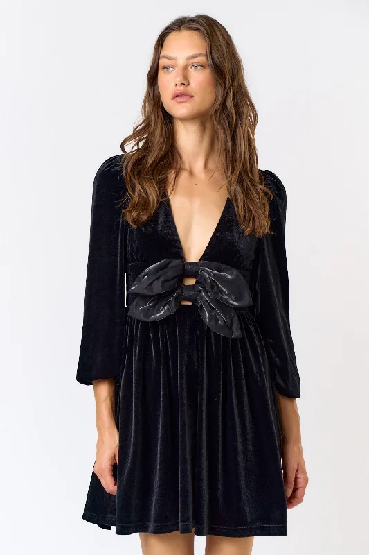 Velvet Bow Mini Dress Comfortable Ruffle Mini Dress