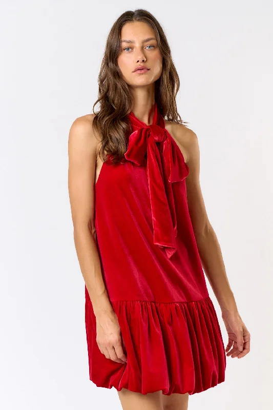 Velvet Halter Bow Mini Dress Chic Mini Dress with V-Neck