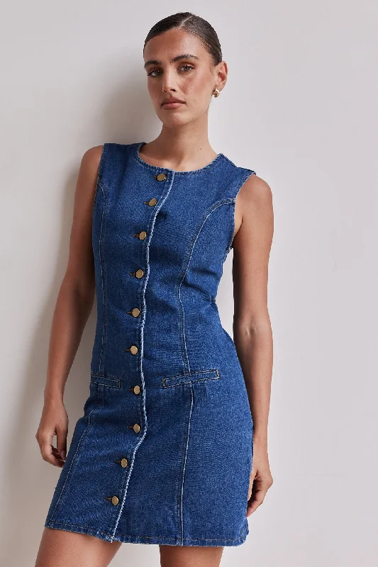 Vivian Denim Mini Dress (Blue) Comfortable Off-Shoulder Mini Dress