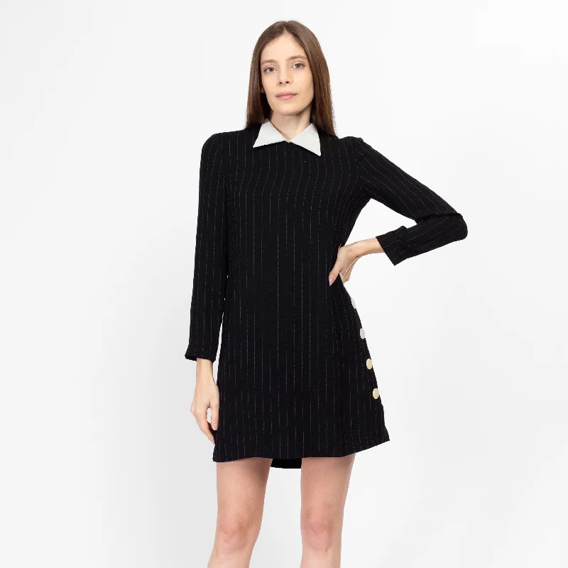 XS-Sm 90s Gothic Wednesday Addams Black Collared Mini Dress Fashionable Boho-Chic Mini Dress