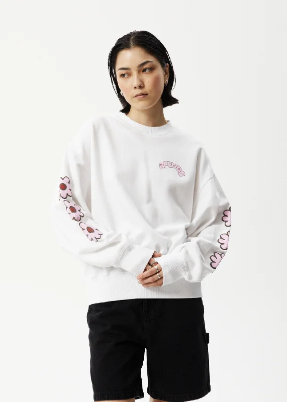 AFENDS Womens Flower - Crew Neck Jumper - White Elasticated Padded Insulated