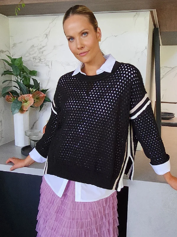 Ally Stripe Trim Jumper - Black Mesh Blend Leather Blend Suede Blend