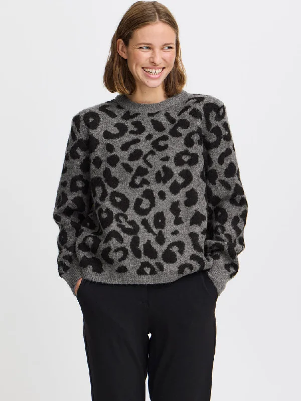 B Young BxMinya Leopard Jumper Mid Grey Melange Mix Cashmere Blend Cotton Blend Poly Blend
