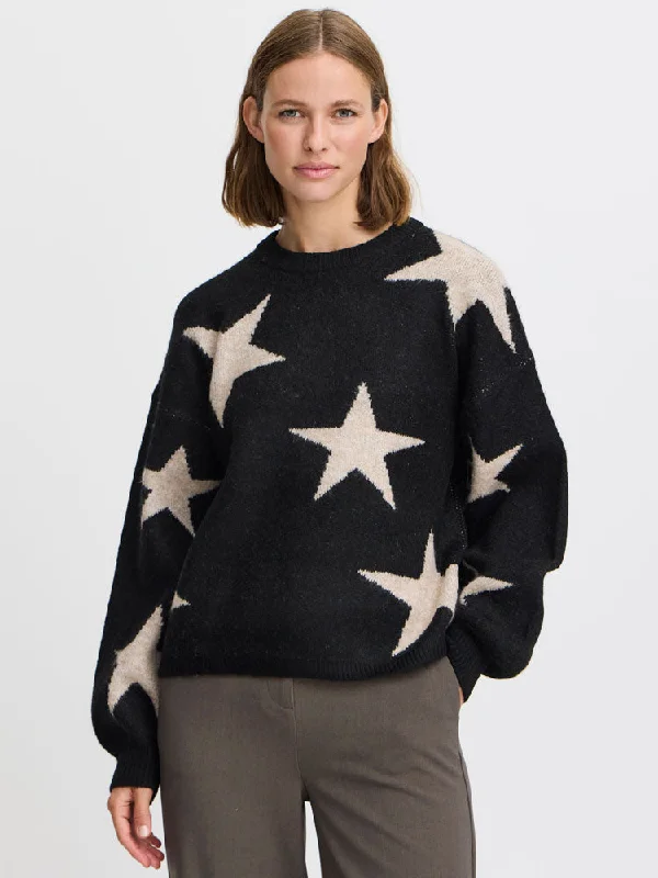B Young BxMinya Starry Jumper Black Mix Notch Collar Peter Pan Collar Cowl Neck