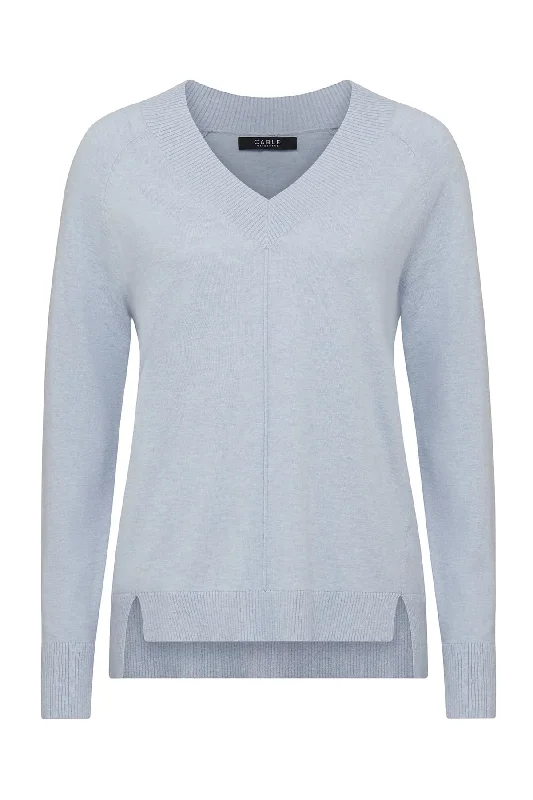CABLE COTTON CASHMERE V NECK JUMPER - PALE BLUE Soft Cozy Warm