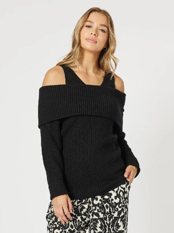 Charlotte Off The Shoulder Jumper - Black Print Jacquard Patchwork